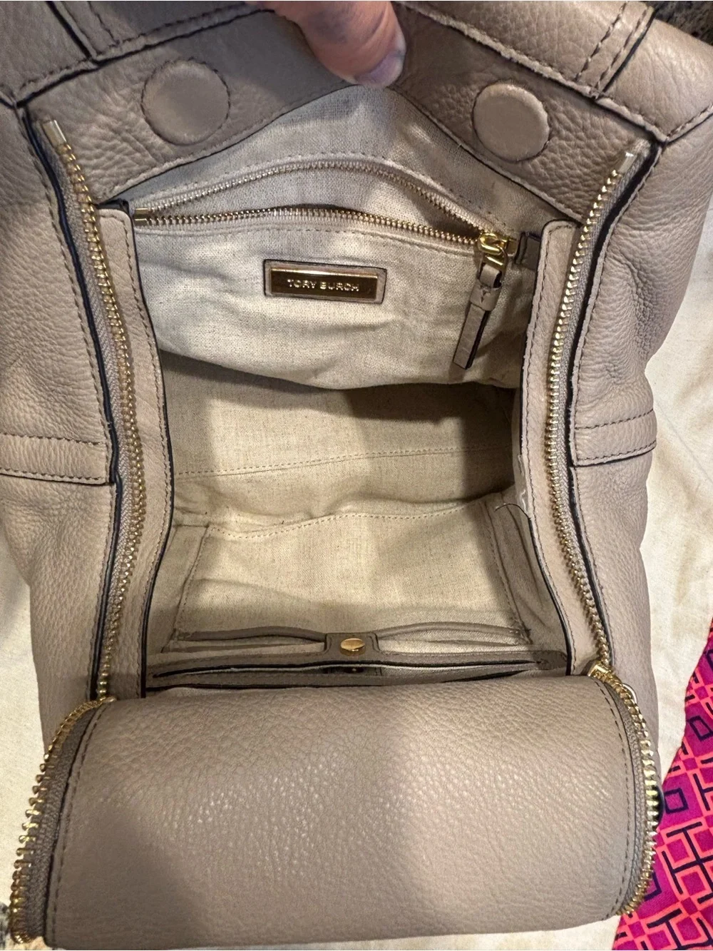 Tory Burch Neutral Taupe Braided-Handle Pebbled Leather Satchel
